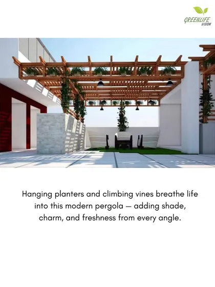A modern pergola structure is enhanced with hanging planters and climbing vines. This not only adds beauty but also creates natural shade, making the outdoor space more comfortable and inviting.