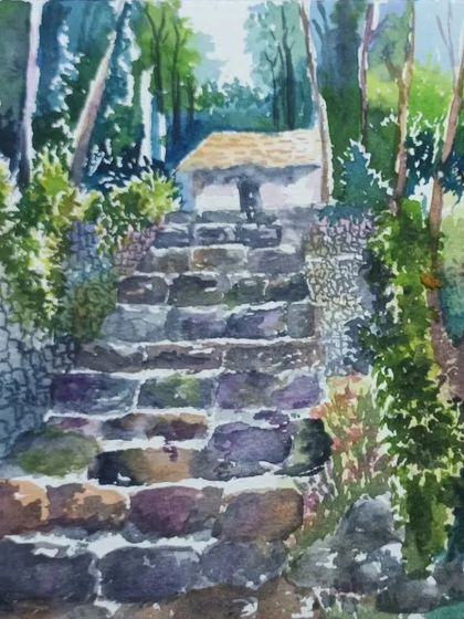 A watercolour painting of stone steps leading up a hill. This piece is a study in capturing the texture of stone and the interplay of light and shadow in a natural setting.