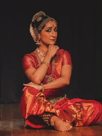 A moment of 'sringara' or romantic love from 'Call of the Flute'. The stories of Krishna and Radha are a deep well of inspiration for both Pichwai art and Kuchipudi.