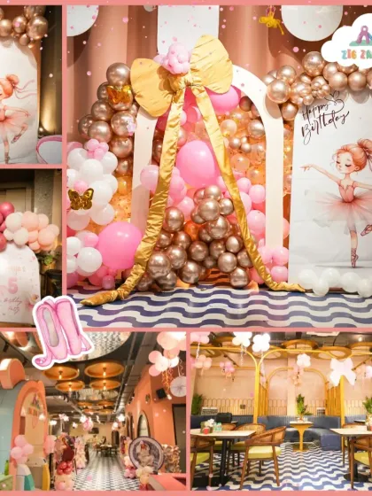 Twirl into a beautiful ballet-themed birthday! This elegant setup features graceful ballerina backdrops and a stunning arrangement of pink and gold balloons for a picture-perfect party.
