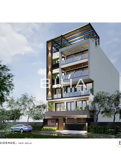 An alternative perspective of the 101 Residence, showcasing the extensive use of glass railings and large windows to maximize natural light and create a connection between the interior and exterior spaces.