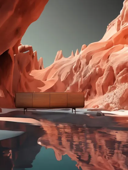 A conceptual image placing our sleek, mid-century inspired wooden sideboard in a dramatic canyon setting. This visualizes how the clean lines and natural wood grain of our handcrafted furniture can bring warmth and timeless design to any backdrop.