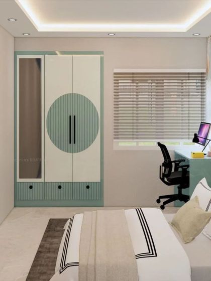 Another angle of the hot-air balloon themed room, showing the modern circular-patterned wardrobe.