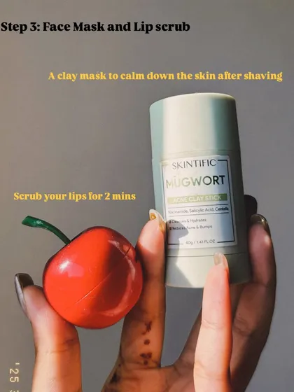 After shaving, I calm my skin with a clay mask. This Mugwort clay stick is super convenient, and I follow it up with a gentle lip scrub for soft, smooth lips.