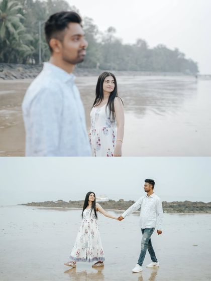 This pair of images shows the couple in both a candid walking pose and a more composed, thoughtful stance, showcasing variety within a single location.