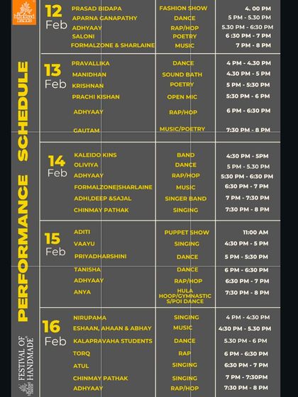 The detailed performance schedule for our Festival of Handmade, showcasing a diverse lineup of music, dance, poetry, and more.