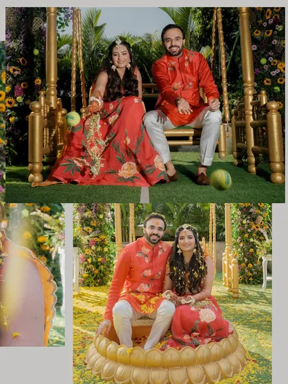 More moments from the tennis-themed shoot. The floral decorations and the couple's traditional attire create a unique and beautiful contrast with the sporty theme.