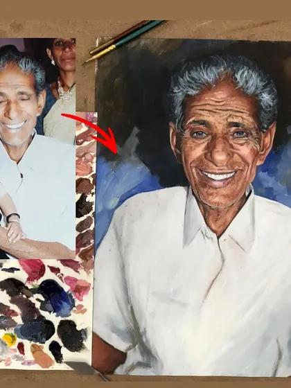 This was an emotional project. The client's only photo of his late grandfather was blurry with his eyes closed. My challenge was to open his eyes in the oil painting, capturing a lifelike smile and preserving a cherished memory.