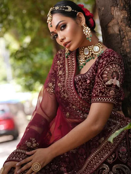 An outdoor shot of the same bride, showing how the makeup looks in natural light.