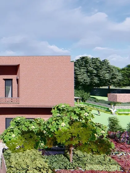Our 10,000 sq. ft. farmhouse project is set on 3.5 acres of land, blending modern luxury with serene natural surroundings. The exposed brick facade gives the home a timeless, earthy feel.