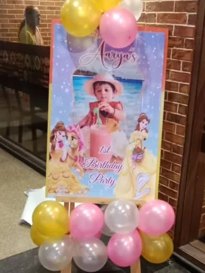 A custom welcome standee for the princess-themed first birthday party.