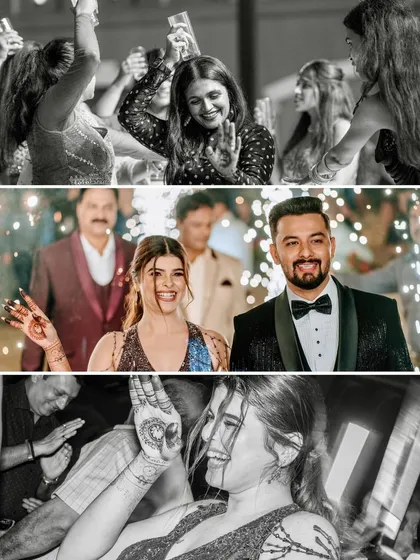 A collage of candid party moments. From the couple's grand entrance with sparklers to the unrestrained dancing, this captures the vibrant, celebratory spirit of a reception.