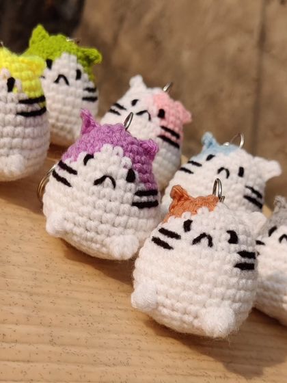 My collection of chubby cat keychains. These little guys come with different colored patches on their heads, including yellow, green, pink, blue, and grey.