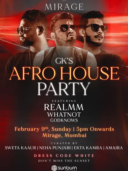 The poster for GK's Afro House Party at Mirage, Mumbai. The fiery design and "Dress Code White" instruction create an exclusive, high-fashion vibe.