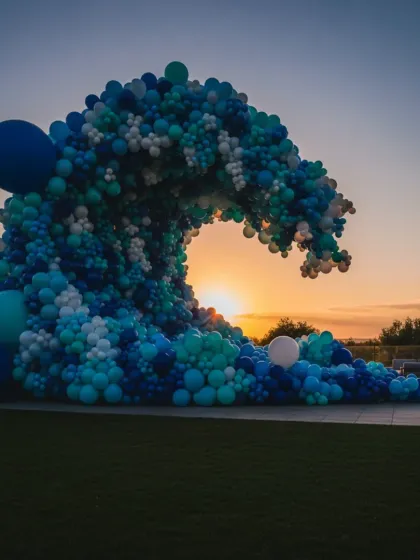 This was one of my most ambitious projects: a massive balloon wave sculpture for an outdoor product launch. Built with thousands of balloons in shades of blue and white, it created a stunning visual against the sunset, showing that even large corporate events can have an artistic touch.