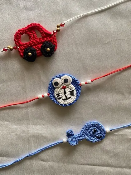 We also create special occasion items like these crochet kid's Rakhis. This set includes a car, the cartoon character Doraemon, and a whale, making Raksha Bandhan extra fun for little ones.