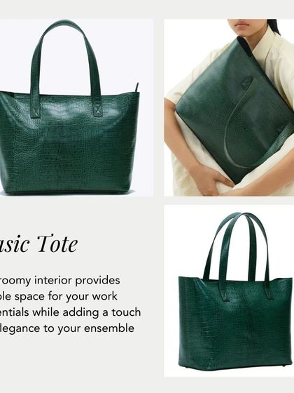 The Basic Tote in a rich green croc-print. Its roomy interior provides ample space for your work essentials while adding a touch of elegance to your ensemble.