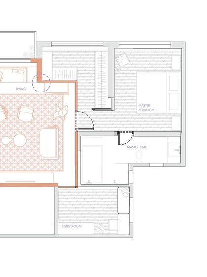 This floor plan illustrates our spatial planning for the "Textural, Tranquil, Traditional" home. We strategically merged two smaller apartments to create a spacious 4BHK layout with an open-plan living and dining area.
