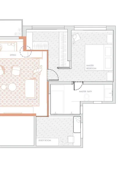 This floor plan illustrates our spatial planning for the "Textural, Tranquil, Traditional" home. We strategically merged two smaller apartments to create a spacious 4BHK layout with an open-plan living and dining area.
