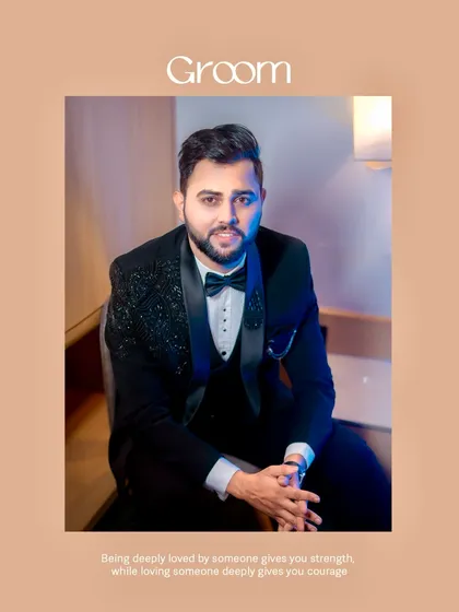 A seated portrait of the groom, looking directly at the camera. This classic pose is perfect for capturing a moment of calm before the celebrations.