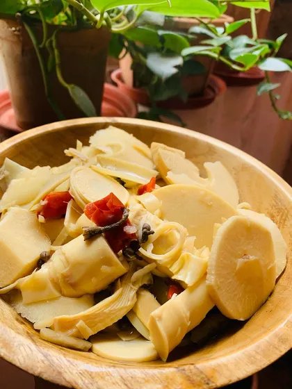 This is what fresh bamboo shoots, or Zukolak, look like before I cook with them. I use them in everything from curries to simple boiled dishes with chilli. Their seasonal freshness is a flavour I really miss from home.