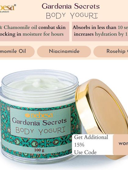 My Gardenia Secrets Body Yogurt is a lightweight, fast-absorbing moisturizer. It contains peptides and chamomile oil to lock in moisture for hours, increasing skin hydration by 1.5 times in less than 10 seconds.