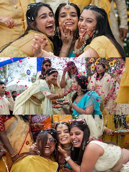 A collage capturing the infectious laughter and fun of the bride with her bridesmaids during a colorful Haldi celebration in Pushkar.