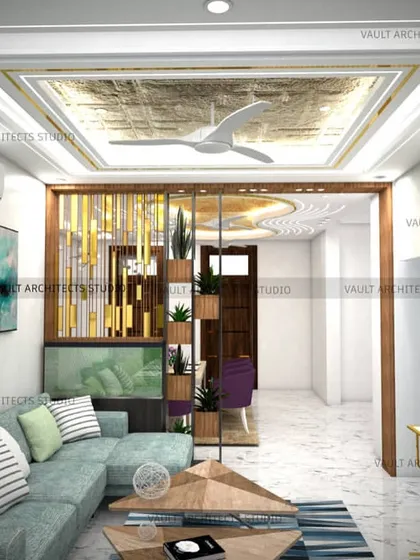 Room dividers can be both functional and beautiful. This 3D design shows a stylish partition with metallic and wood accents that separates the living and dining areas while maintaining an open feel.