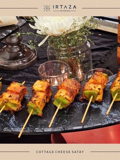 Cottage Cheese Satay skewers with peppers and onions. A fantastic vegetarian alternative to chicken satay, perfect for grilling at a live station.