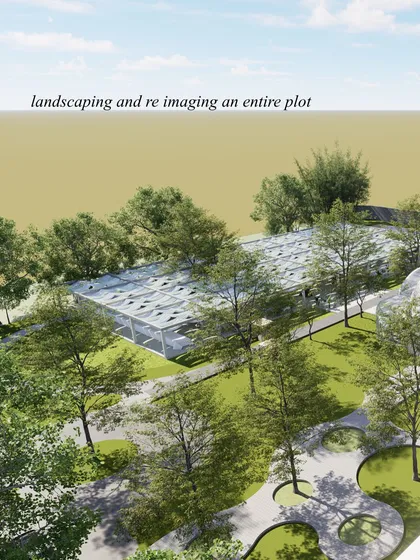This aerial render showcases the scale of our landscaping and venue construction for the forest wedding. We didn't just place a tent; we reimagined the entire plot, carving out pathways, defining zones for different functions, and integrating the structure seamlessly with the natural environment.