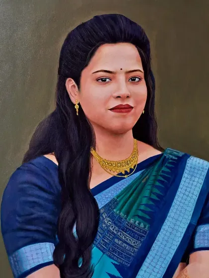 A commissioned portrait of a woman in a blue and teal saree. In this acrylic on canvas painting, I worked to capture not just her likeness but also her graceful presence.
