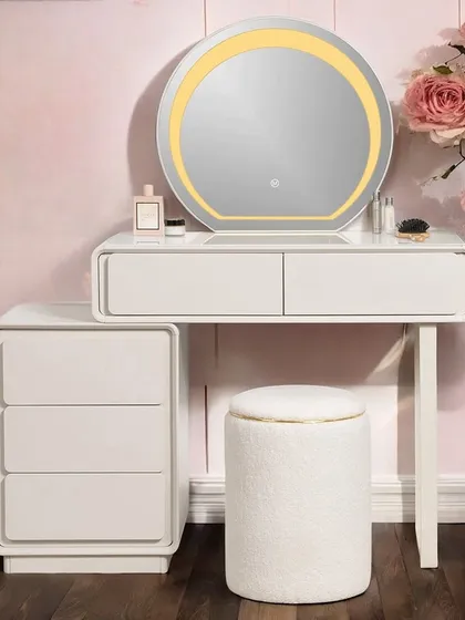 This image shows the Pure Precision set with a different stool option, demonstrating the versatility of our collection. The focus is on high-quality wood construction, ambient LED lighting, and extensive storage.