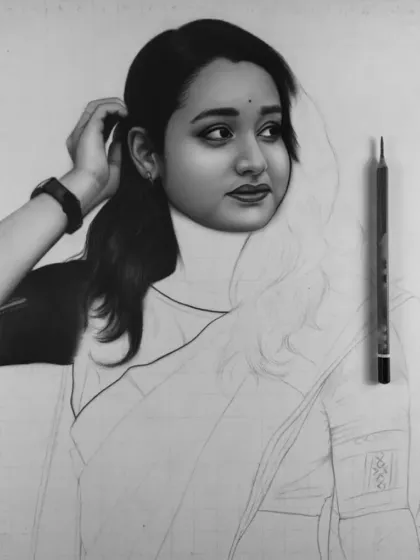 Another work-in-progress image, showing the contrast between the hyper-realistic face and the outlined saree.