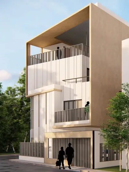 Another view of the Anurag Residence, this render highlights the triple-height stepped terraces and the inclined roof. These elements are not just aesthetic; they provide sheltered semi-open spaces and respond to the unique geometry of the site, creating a dynamic and functional architectural form.