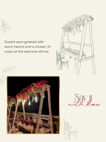 A sketch of the welcome dinner setup, illustrating the rustic wooden structure adorned with roses and hanging lights by the pool.
