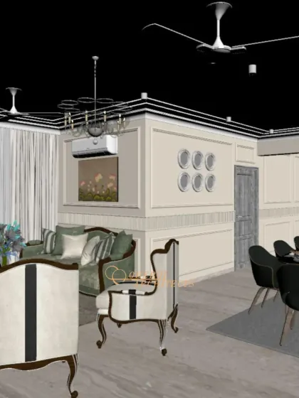 The initial wireframe model, which helps in establishing the layout, proportions, and core architectural elements of the space.