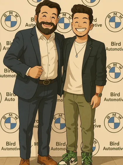 An illustrated version of a photo from a BMW event, posing with a guest. It's always great to connect with the people who make these events happen.