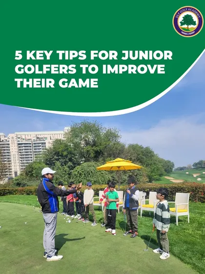 This graphic introduces our 5 key tips for junior golfers, featuring a coach instructing a group of young players on the putting green.