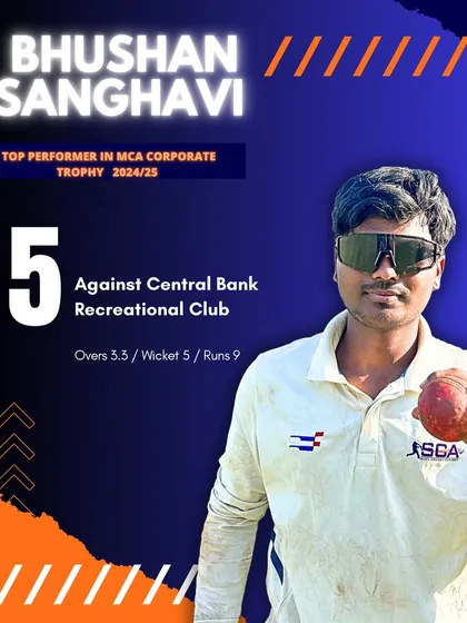 An outstanding 5-wicket haul from Bhushan Sanghavi in the MCA Corporate Trophy, conceding only 9 runs.