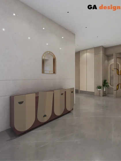 A 3D render of a custom-designed console. We often design bespoke furniture pieces to perfectly fit a space and reflect the client's personality. This piece features abstract face-like motifs and a neutral color palette.
