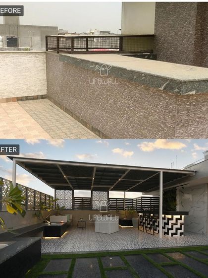 A cluttered corner becomes a chic rooftop bar and lounge. We installed a full-length pergola, a custom bar, and stylish furniture, all unified by a bold black-and-white tile floor.