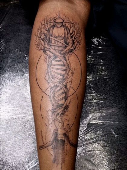A conceptual tattoo illustrating the idea that self-control leads to universal control. The design merges a human figure with a DNA helix and a tree, symbolizing the connection between our inner world and the outer universe.