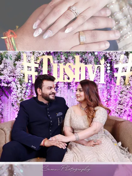 A collage from an engagement ceremony, showing a close-up of the rings on their hands and the couple seated together.