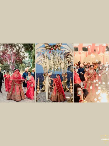 A collage showcasing key moments of the wedding ceremony, including the bridal entry and the Varmala exchange.