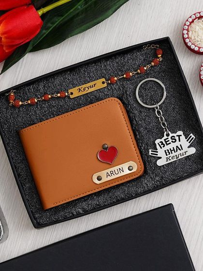 The "Must Gift Rakhi Combo" shown with a tan wallet featuring a heart charm.