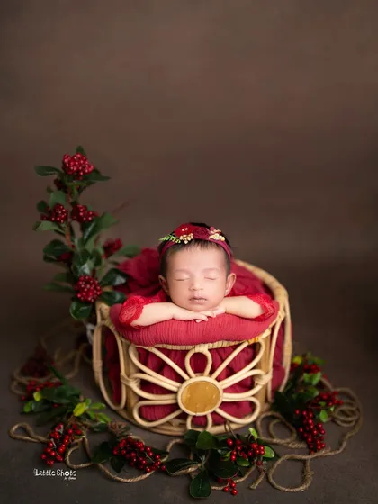 This newborn is sleeping peacefully in a rustic basket, surrounded by festive red berries. This setup is perfect for a winter or holiday-themed shoot.