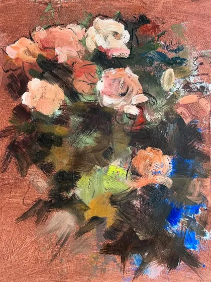 A new work in progress, 'Roses at the Academy.' I was inspired by the beautiful roses I saw at the Florence Academy of Art and decided to use my leftover palette colors to start this piece.