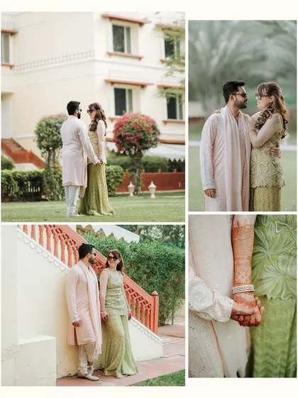 A collection of four images capturing the couple's relaxed and stylish moments in a garden setting. The pastel green and pink outfits, combined with sunglasses, create a chic and modern vibe.