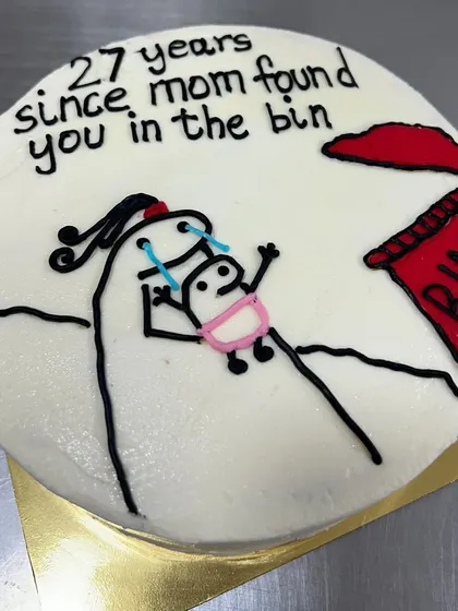 Siblings really do have the best way of showing love. This meme cake with the message "27 years since mom found you in the bin" is a hilarious and personal way to celebrate a birthday.