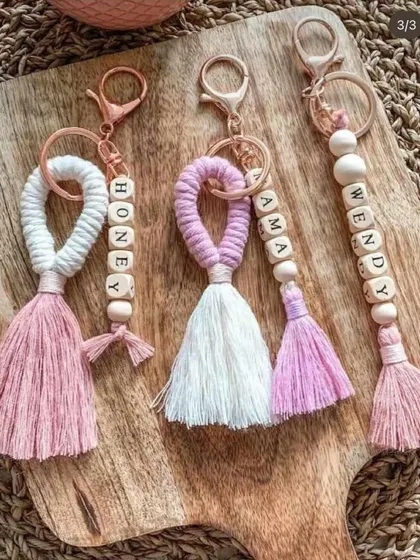 A closer look at some of my personalized tassel keychains. You can see the different styles, from a simple tassel to one with a bow detail.